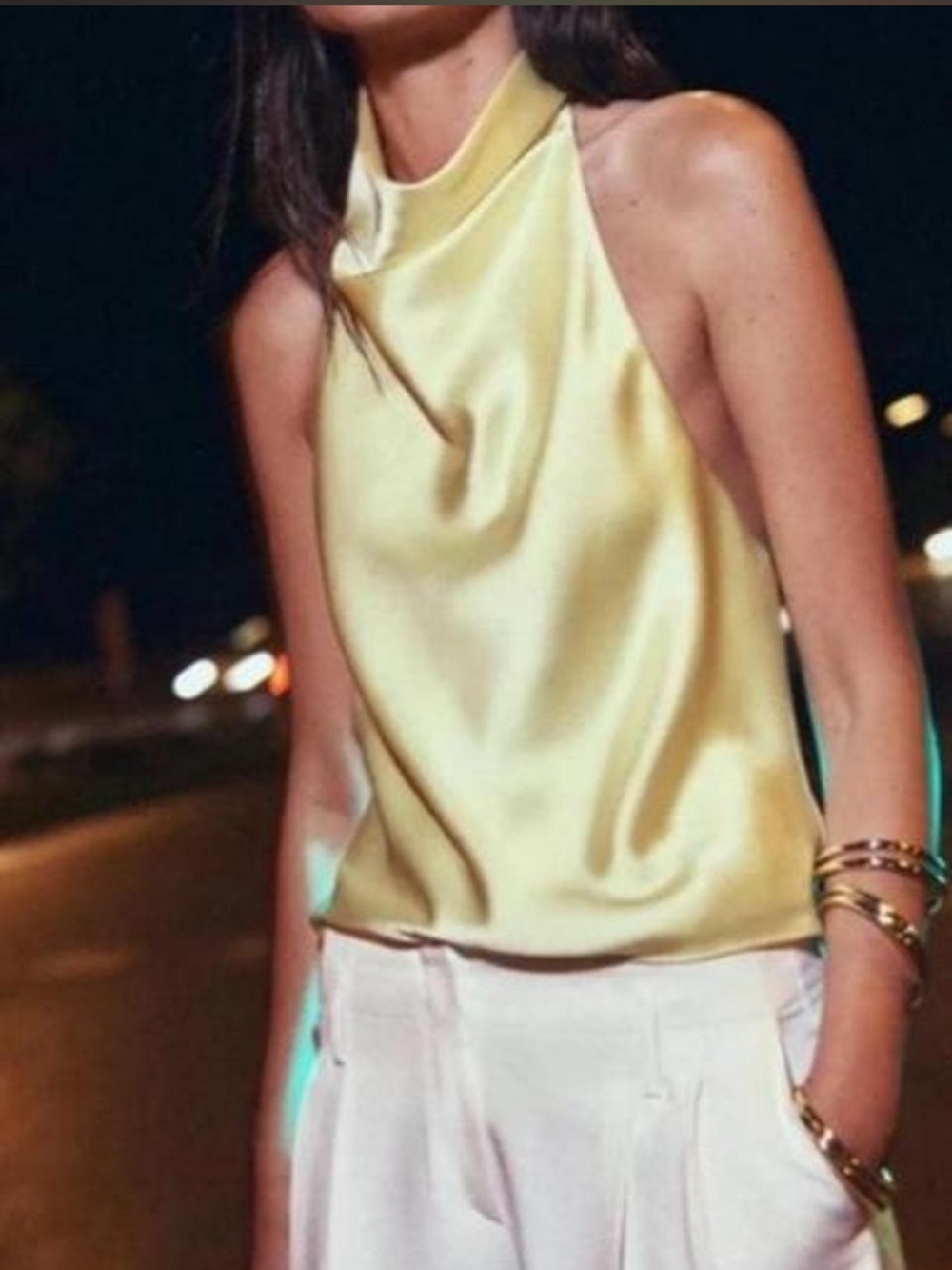 Zara Yellow Satin Backless Halter Top